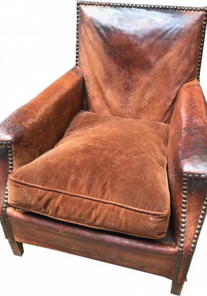 Fauteuil club vintage en cuir et tissu