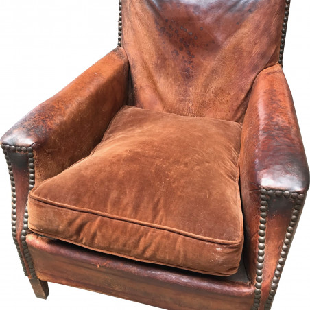 Fauteuil club vintage en cuir et tissu