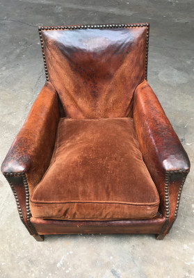 Fauteuil club vintage en cuir et tissu