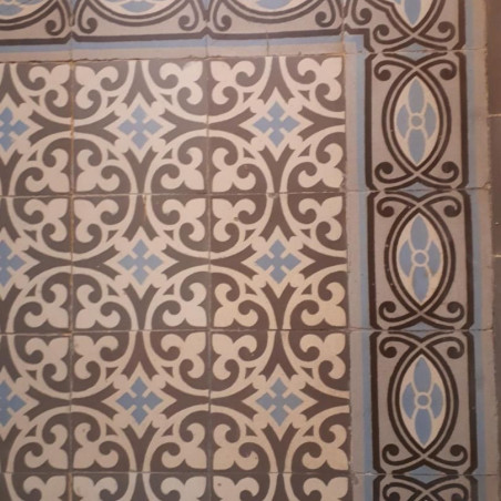 Carreaux de ciment anciens marron, bleu et gris 