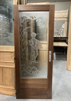 Belle porte ancienne en bois avec verre gravé