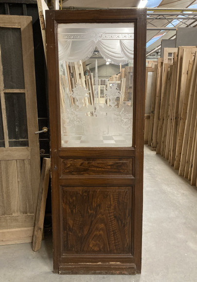 Porte ancienne en bois avec verre gravé