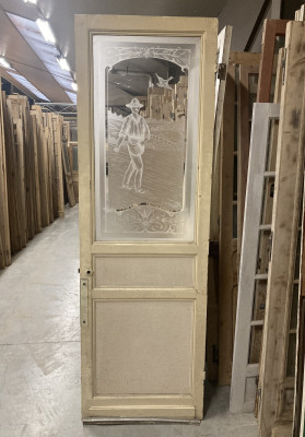 Belle porte ancienne en bois avec verre gravé