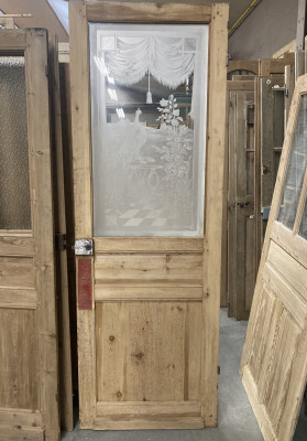 Porte ancienne en bois avec verre gravé paon