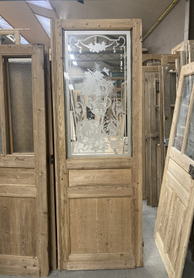 Belle Porte ancienne en bois avec verre gravé