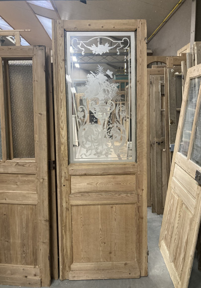 Belle Porte ancienne en bois avec verre gravé