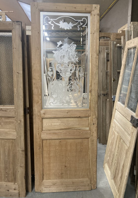 Belle Porte ancienne en bois avec verre gravé