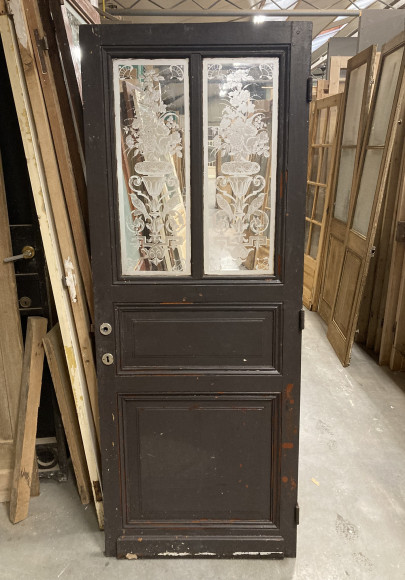 porte ancienne en bois avec verre gravé