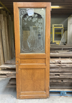 Porte ancienne en bois verre gravé motif ile