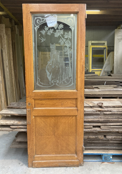 Porte ancienne en bois verre gravé motif ile