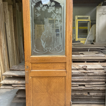 Porte ancienne en bois verre gravé motif ile