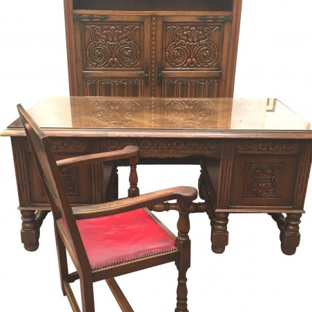 Ensemble bureau style renaissance en chêne massif Bureau Bibliothèque Fauteuil