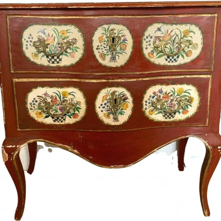 Commode galbée de style Louis XV Décor de paniers et bouquet fleuri XIX siècle